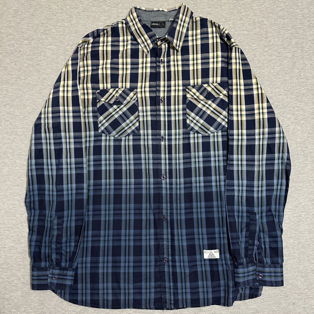 JNCO Blue Ombre Plaid‎ Long Sleeve Button Down Streetwear Shirt Cotton Mens XXL